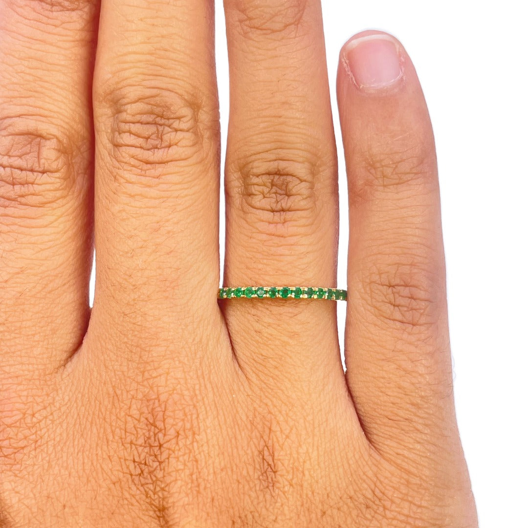 14 Carat Yellow Gold Half Eternity Band with Green Emerald Hallmarked