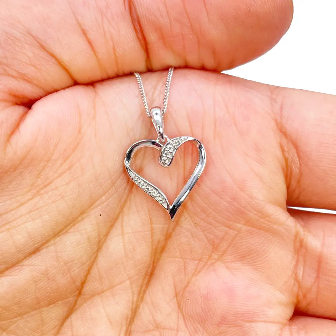 14ct White Gold Diamond Open Heart Pendant 0.03ct & 16 inch Chain Necklace