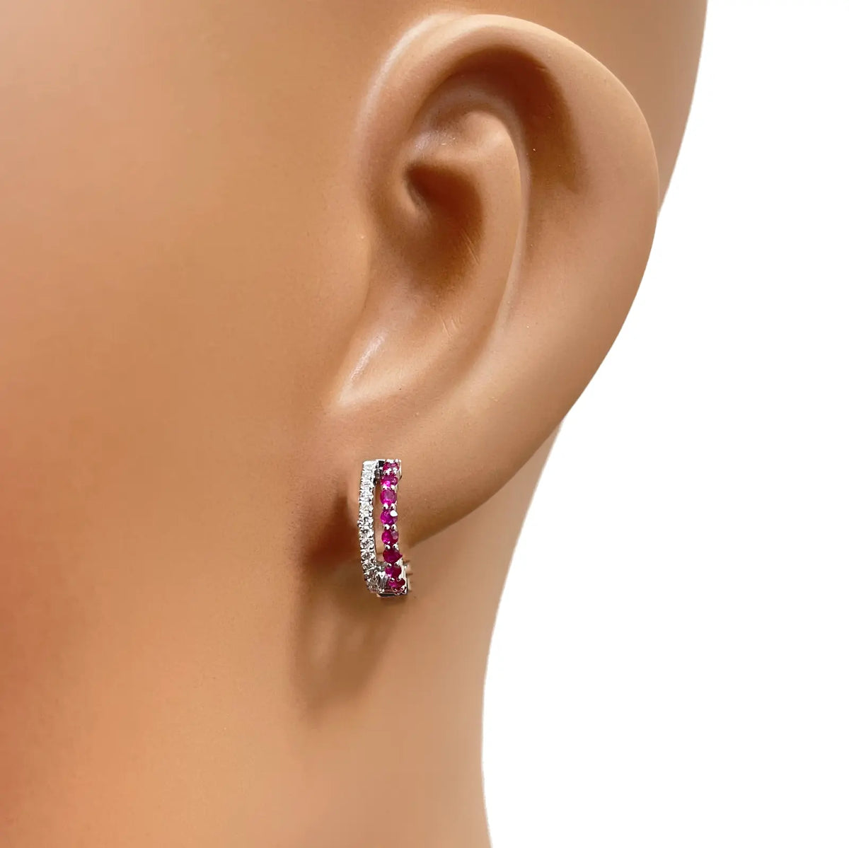 18ct White Gold Natural Diamond & Ruby 0.36ct Hoop Huggies Earrings 9mm Diameter