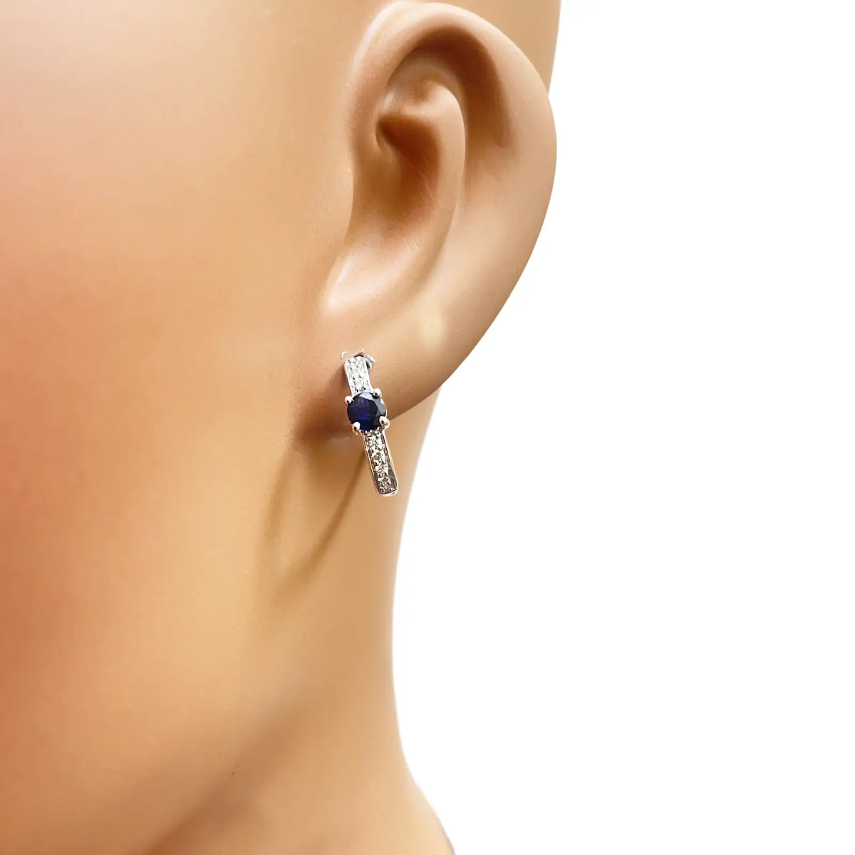 18ct White Gold Natural Sapphire Prong & Diamond Huggie Hoop Earrings 0.64ct Diamond earring
