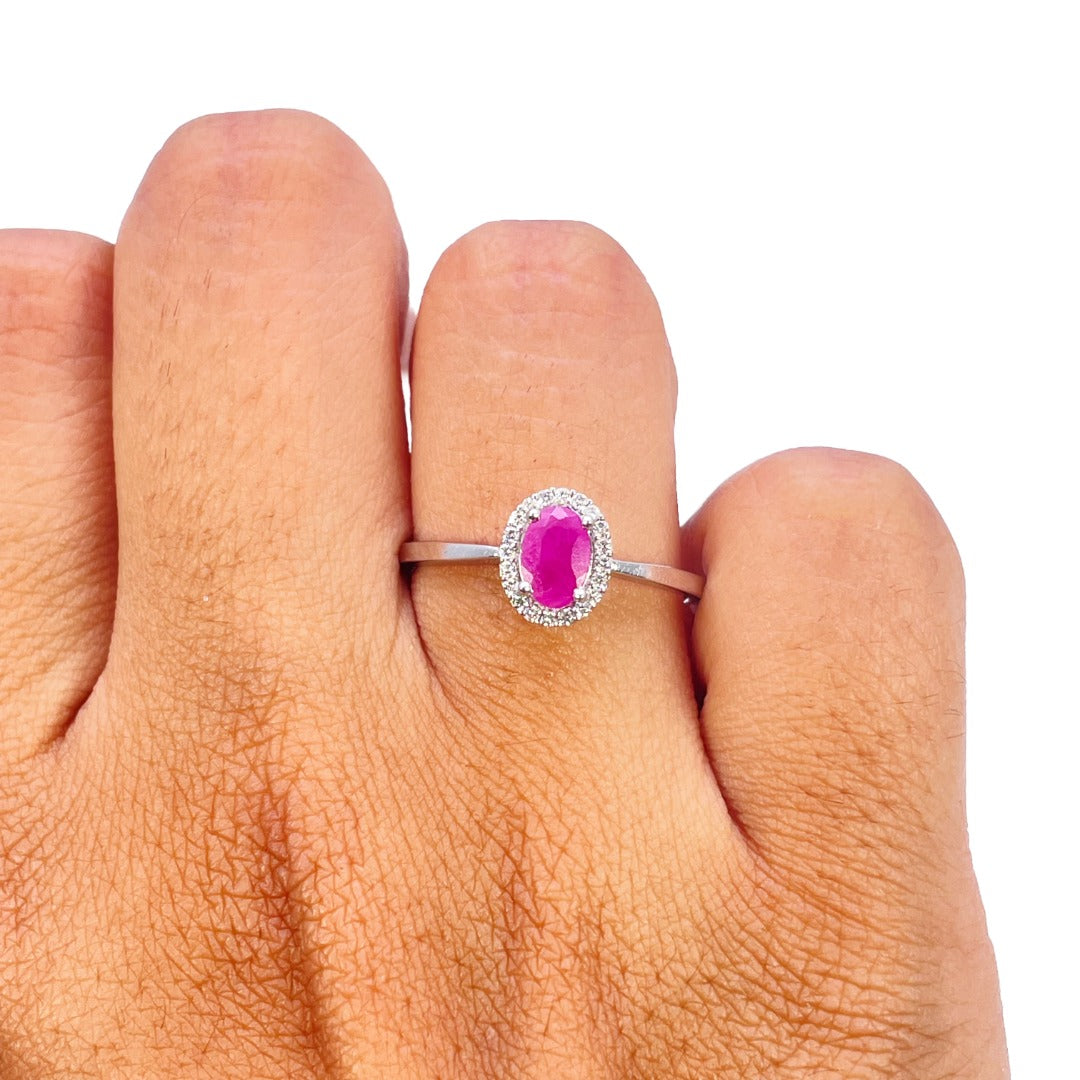 9ct White Gold Ruby & Diamond Oval Halo Cluster Ring 0.62ct
