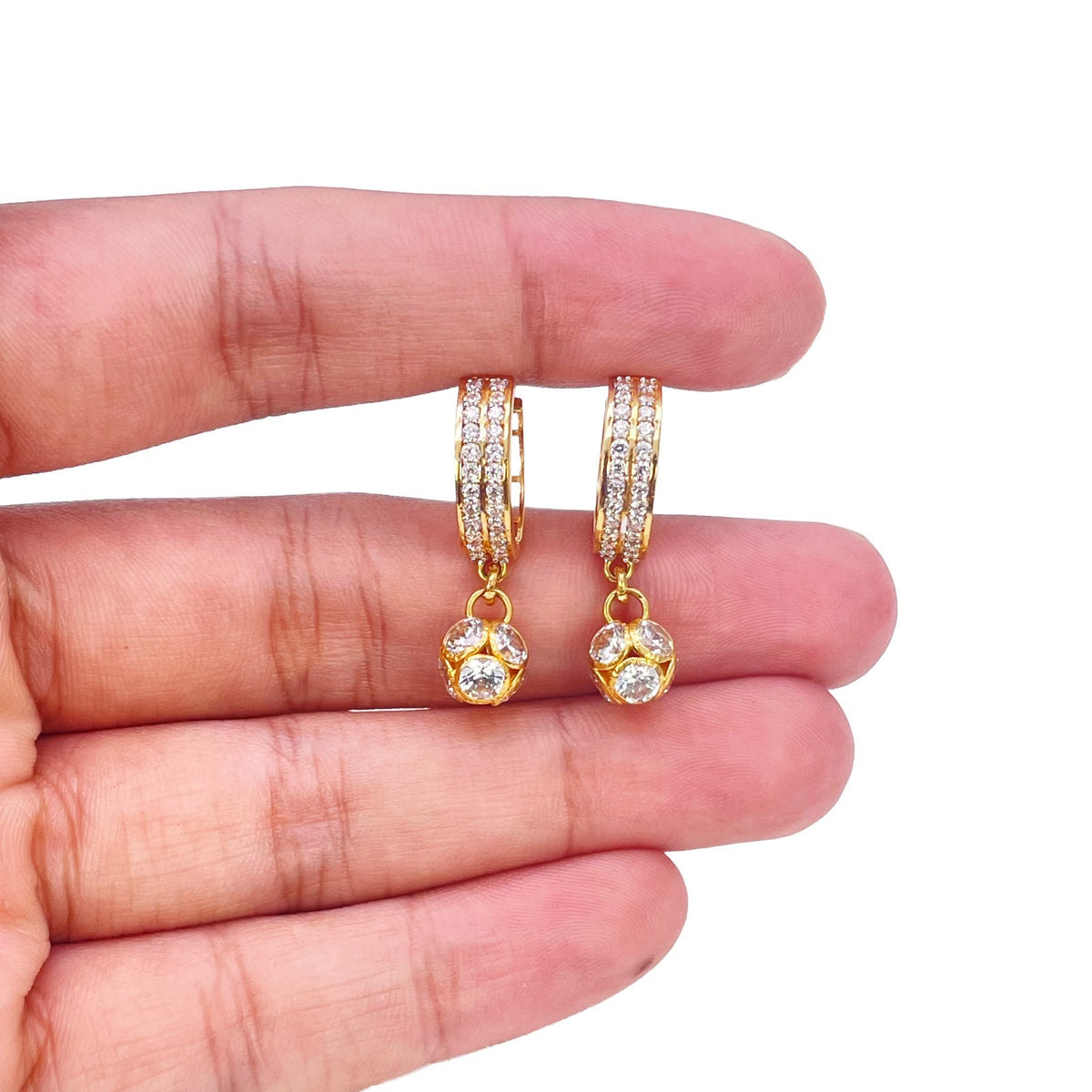 22ct Yellow Gold Double Row CZ Huggie Hoop Ball Drop Earrings 11.3mm Diameter