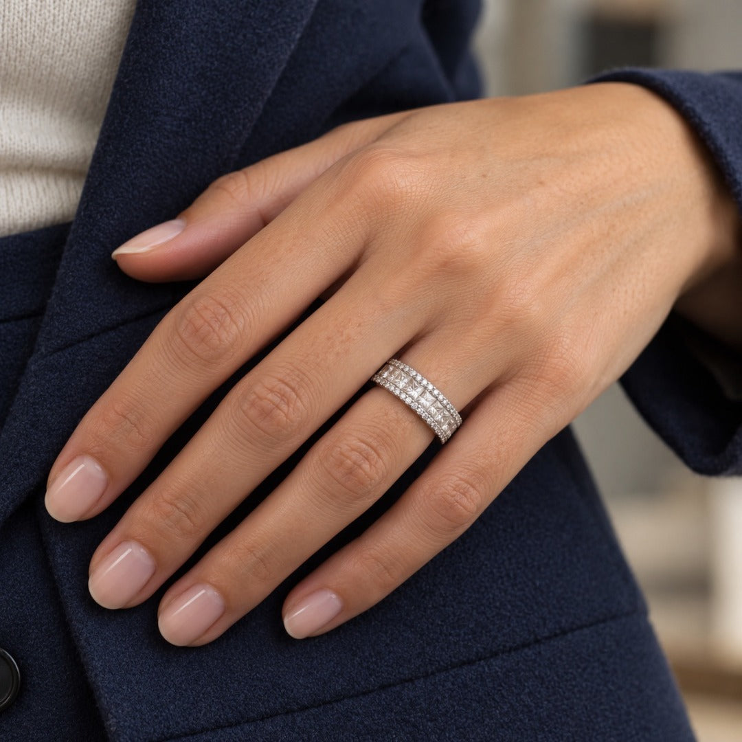 18ct White Gold Natural Princess & Round Diamond Half Eternity Band 1.20ct