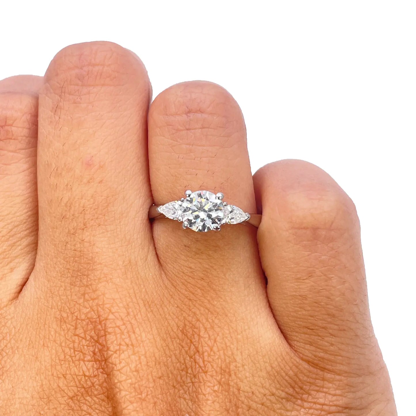 Platinum Round & Pear Natural Diamond Claw Set Trilogy Ring 1.25ct GIA Certified Diamond Ring