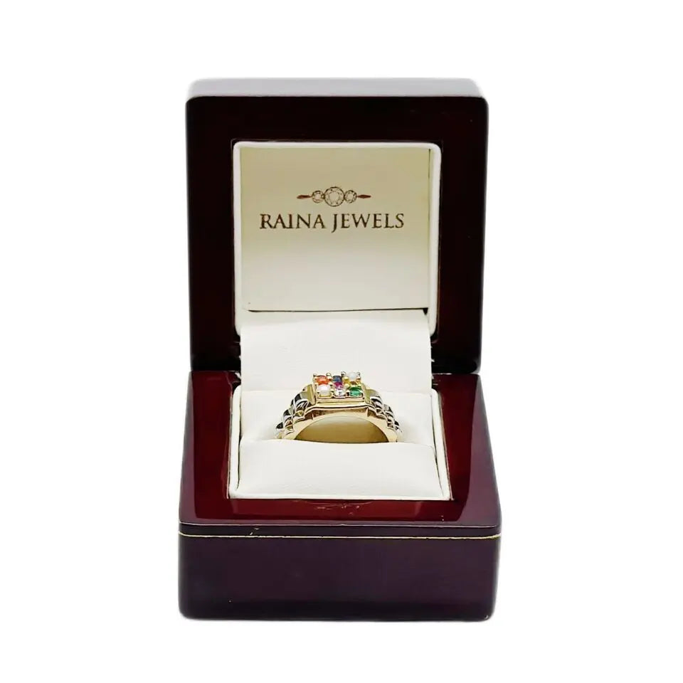 18K Yellow Gold 9 Gemstone Navratna Mens Ring with Diamond and Pearl 1.00ct