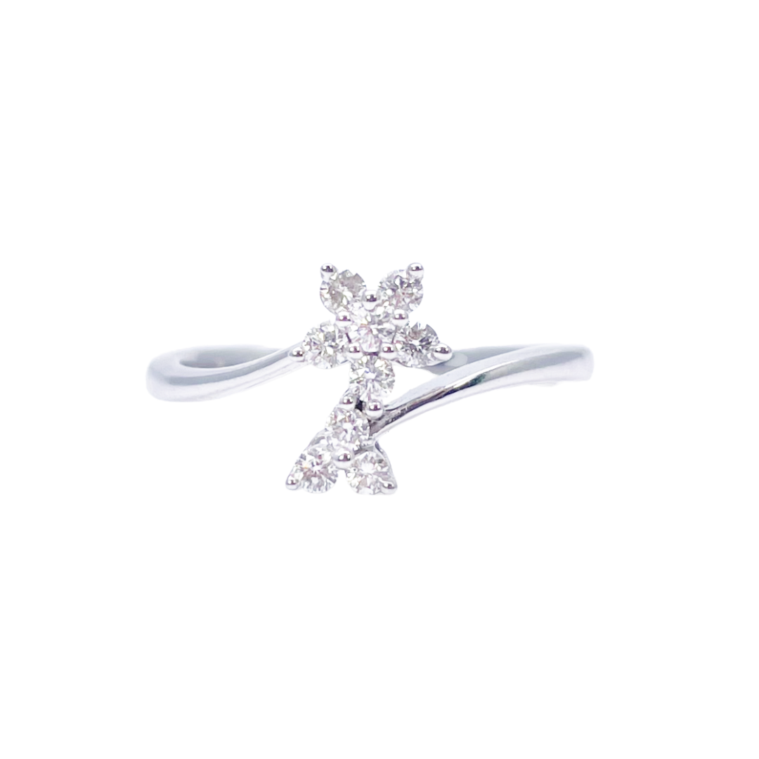 18ct White Gold Round Diamond Floral Crossover Ring 0.21ct