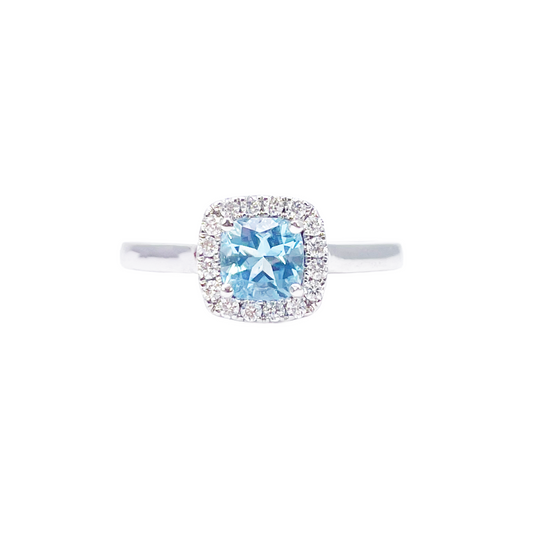 Ring aus 18 Karat Weißgold mit Aquamarin, Diamant-Halo und Kissenschliff, 0,70 ct