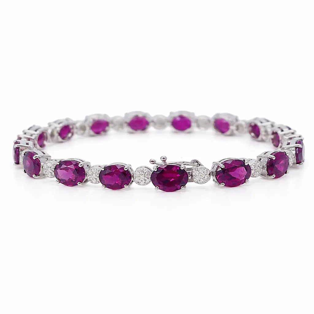 14ct White Gold Natural Diamond & Purple Rhodolite Garnet Oval Cluster Bracelet¬† Diamond Bracelets