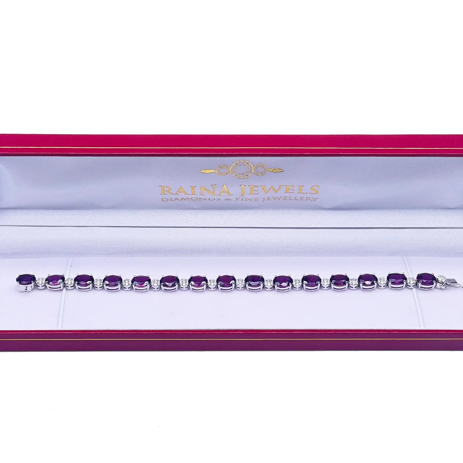 14ct White Gold Natural Diamond & Purple Rhodolite Garnet Oval Cluster Bracelet¬† Diamond Bracelets