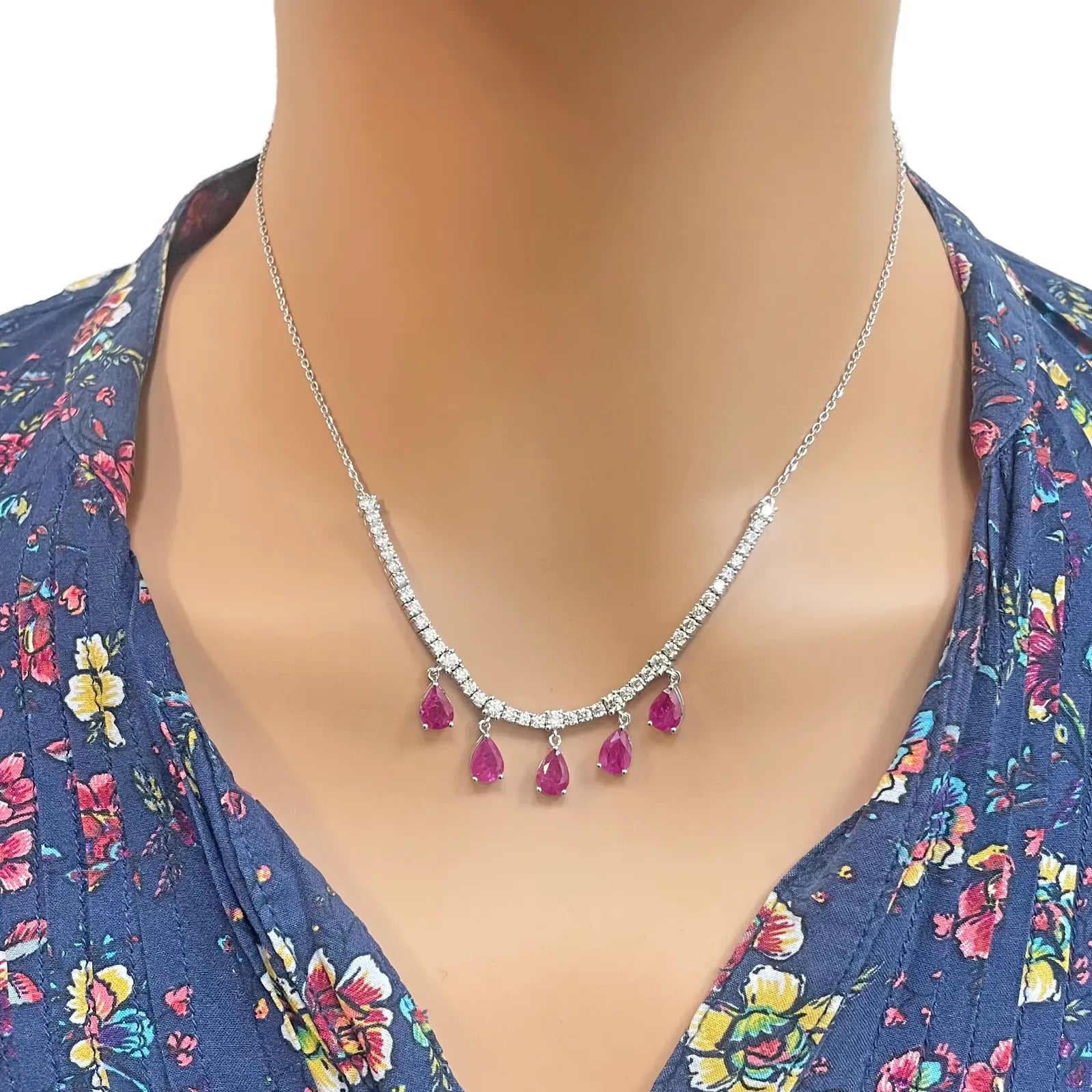 14ct White Gold Natural Round Diamond & Pear Ruby Chain Necklace 17 inches 5.91ct 
