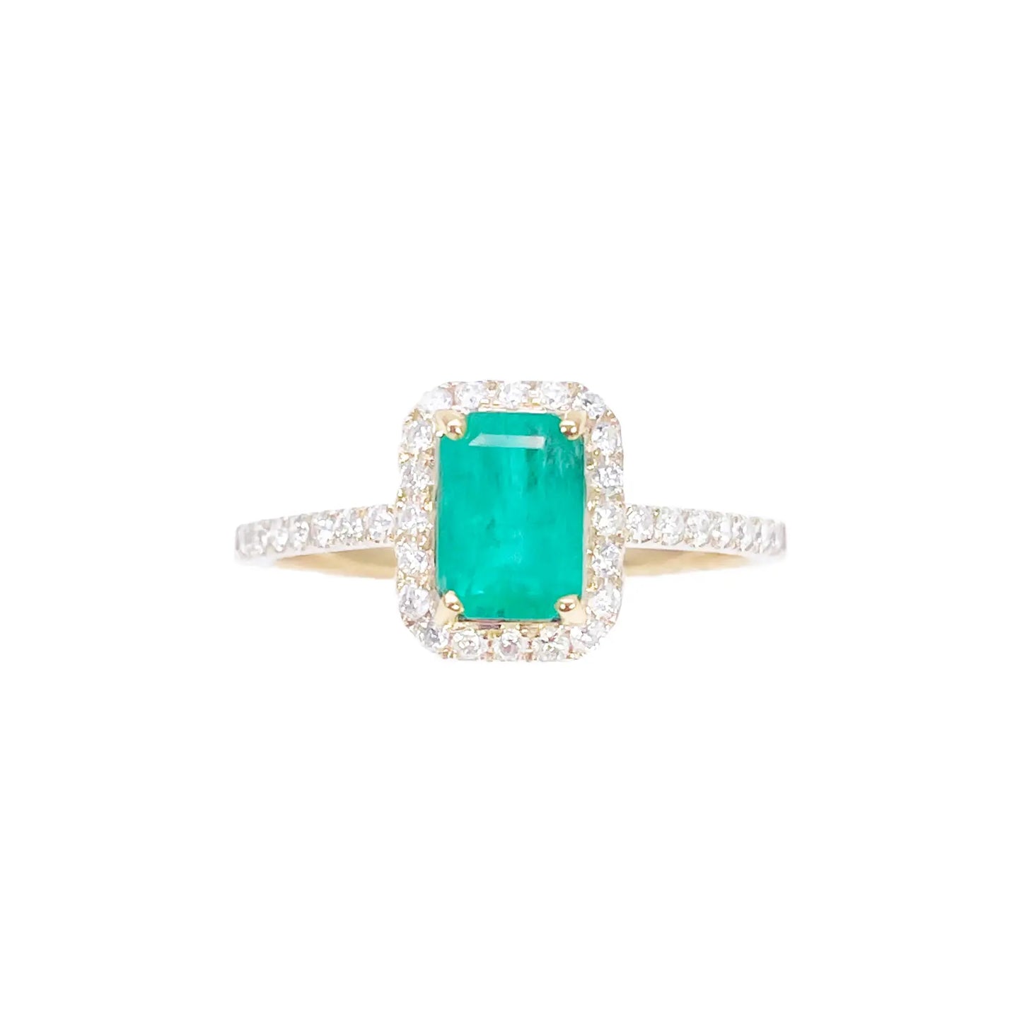 14ct Yellow Gold 4-Claw Natural Emerald & Round Diamond Ring 1.22ct  Diamond Ring