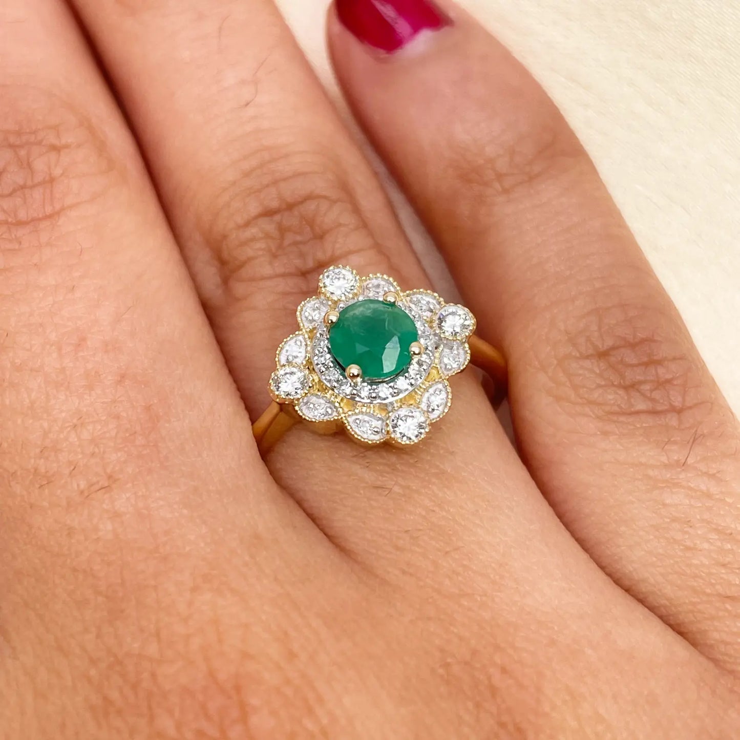 14ct Yellow Gold Round Green Emerald & Diamond Cluster Milgrain Ring 0.72ct  Diamond Ring