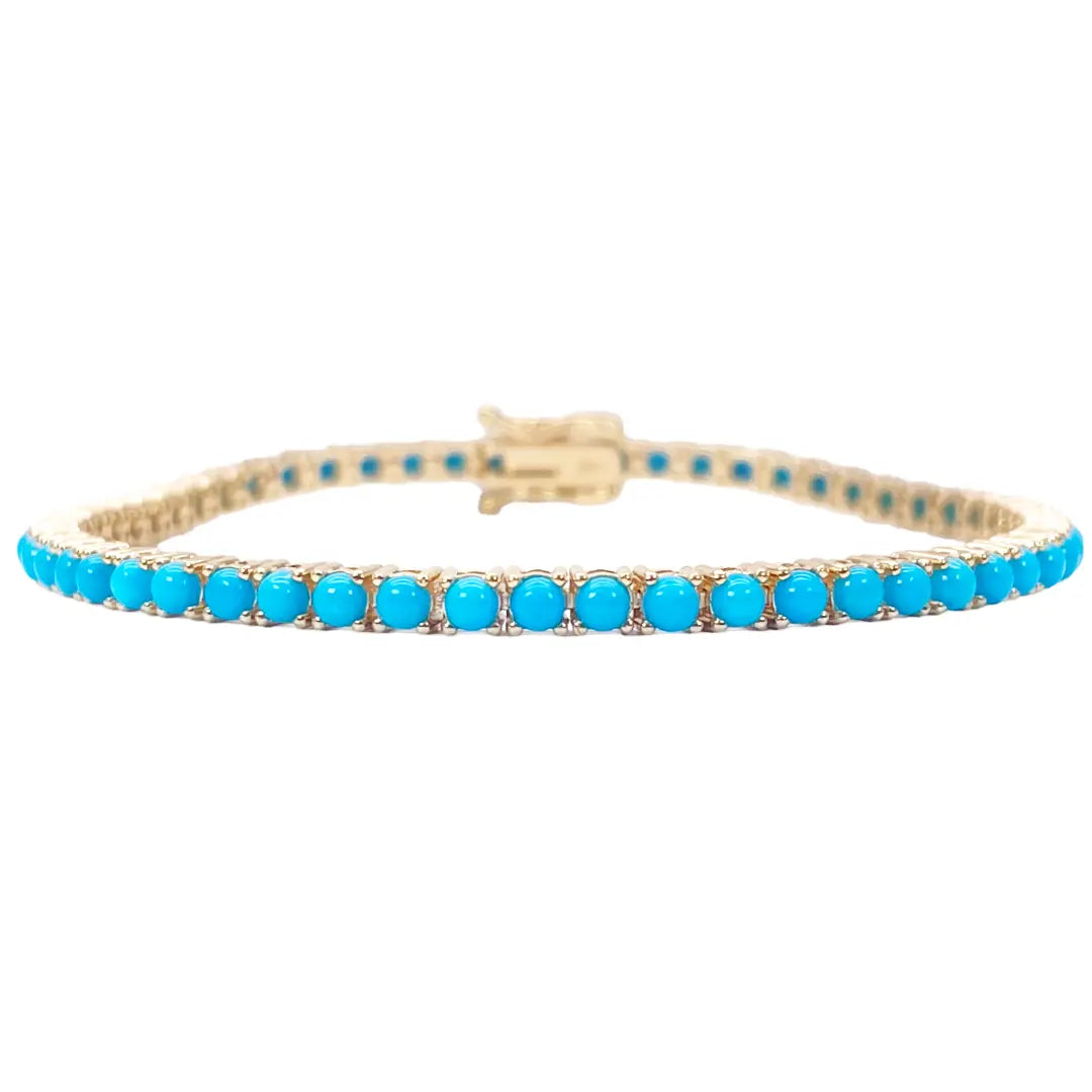 14ct Yellow Gold Unique Round Turquoise Tennis Bracelet 4.60ct 7 Inches 
