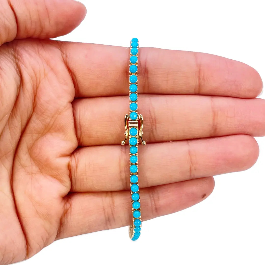 14ct Yellow Gold Unique Round Turquoise Tennis Bracelet 4.60ct 7 Inches 