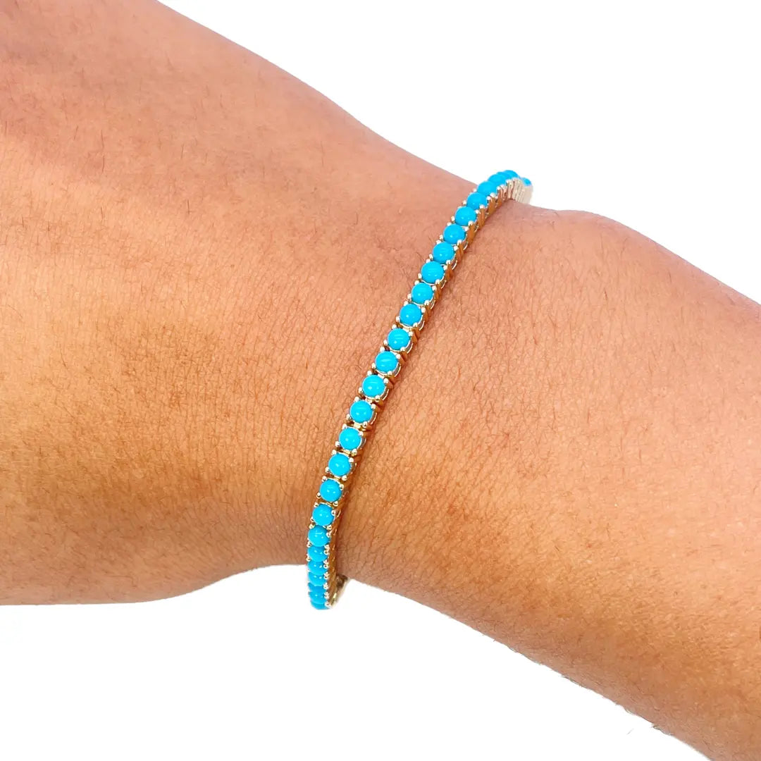 14ct Yellow Gold Unique Round Turquoise Tennis Bracelet 4.60ct 7 Inches 