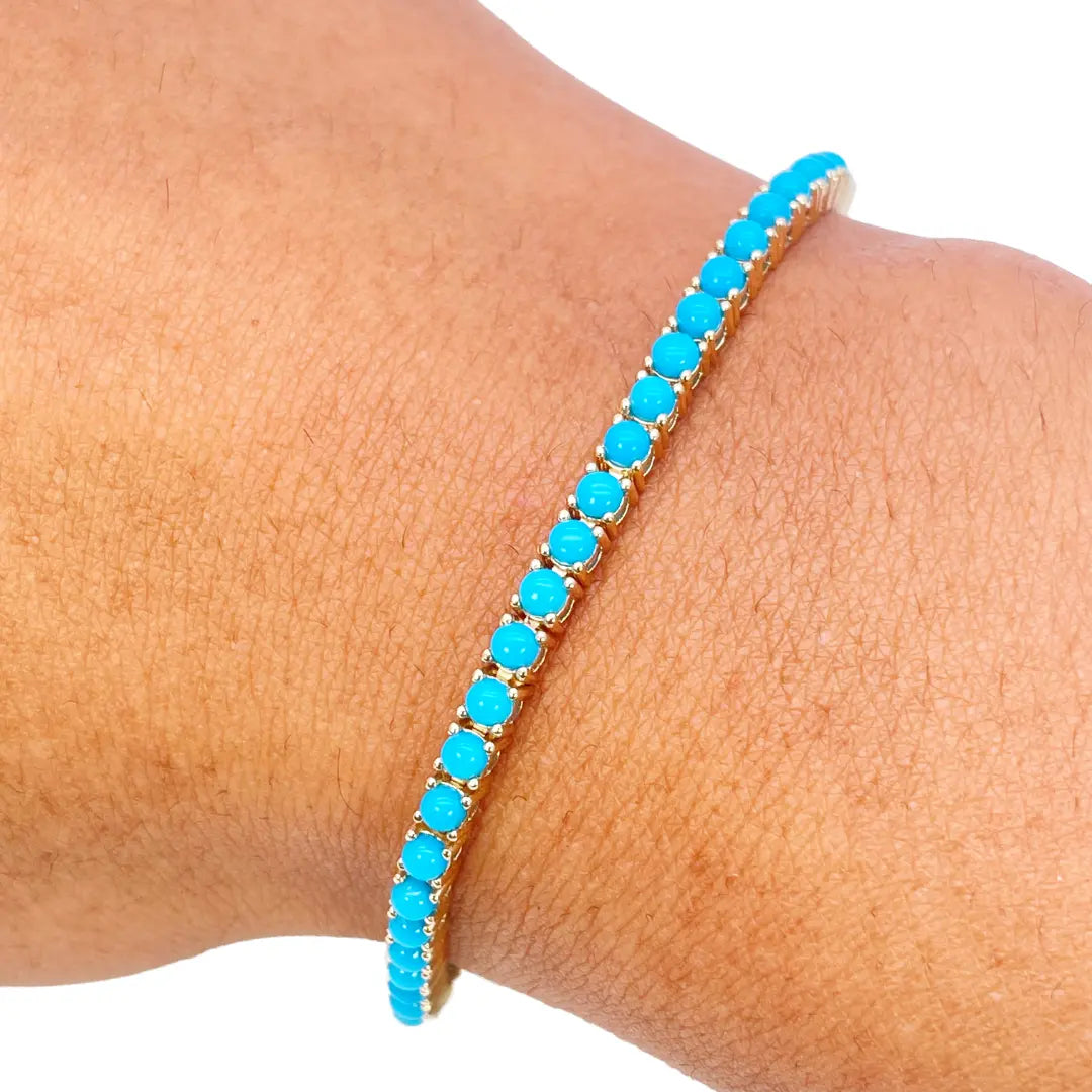 14ct Yellow Gold Unique Round Turquoise Tennis Bracelet 4.60ct 7 Inches 