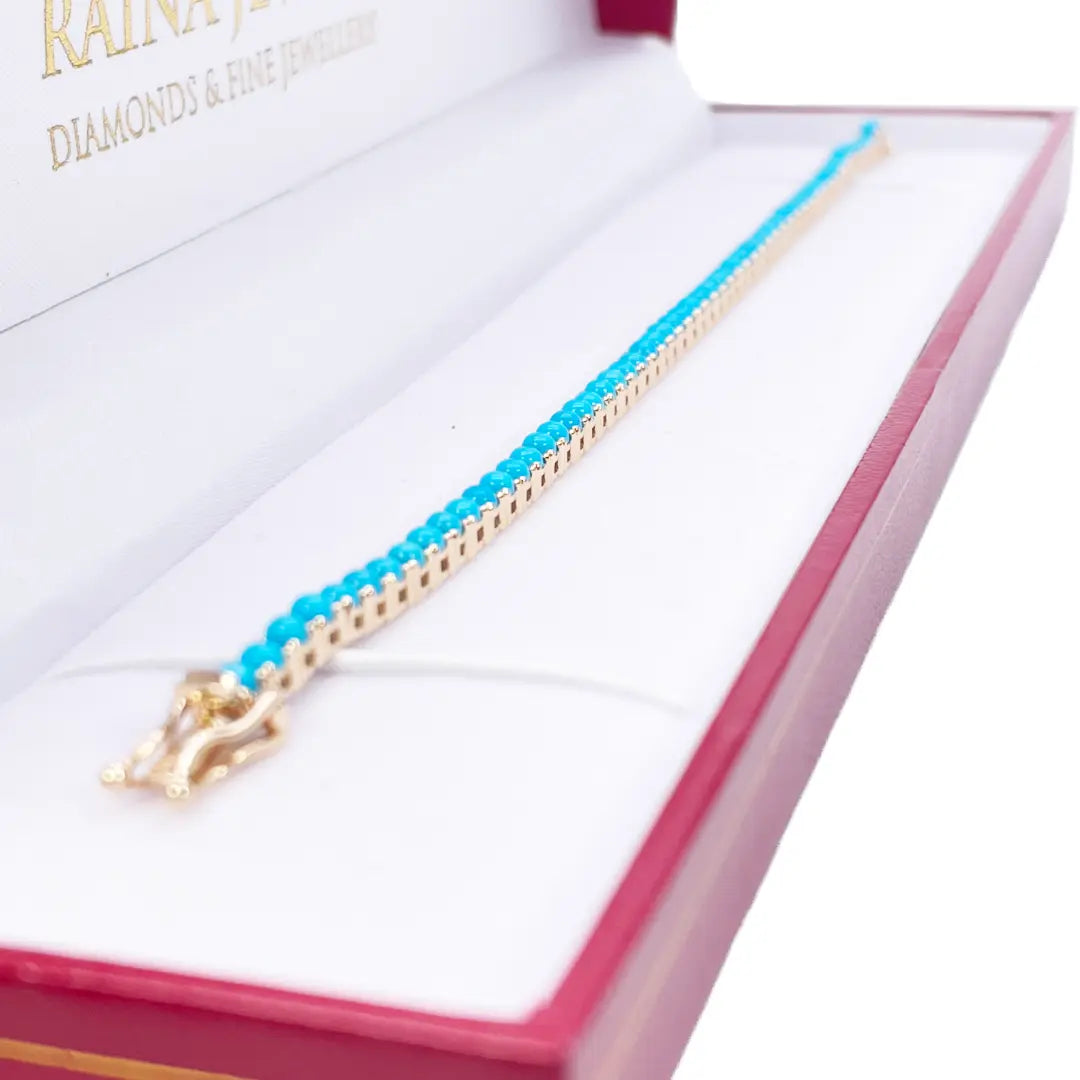 14ct Yellow Gold Unique Round Turquoise Tennis Bracelet 4.60ct 7 Inches 