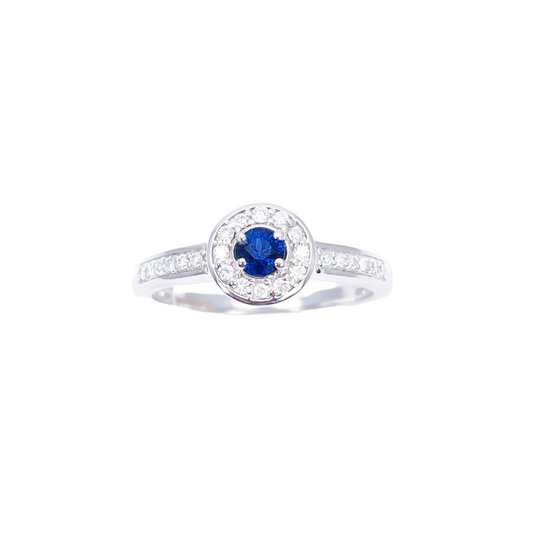 18 Karat Naturblauer Saphir & Runder Diamant Halo Halb-Ewigkeitsring 0,35 Karat