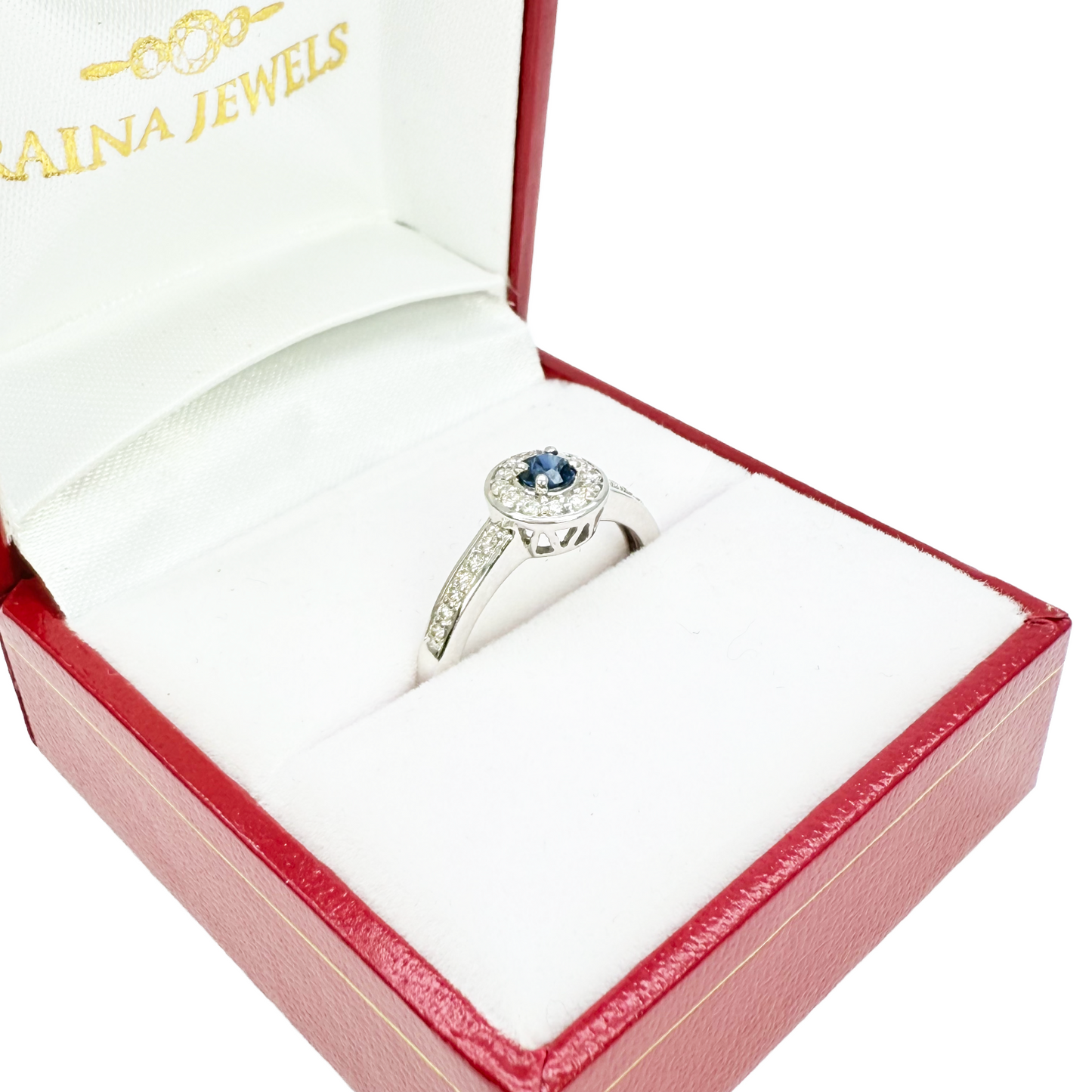 18 Karat Naturblauer Saphir & Runder Diamant Halo Halb-Ewigkeitsring 0,35 Karat