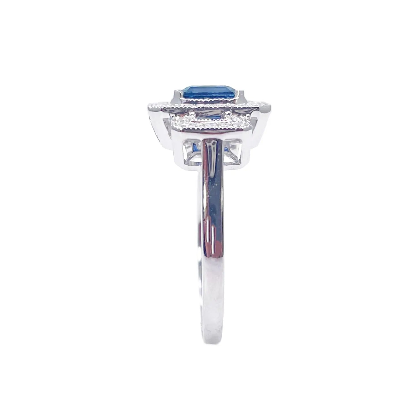 18ct Gold Emerald Cut Sapphire Triple Halo Round Diamond Art Deco Ring 1.14ct  Diamond Ring