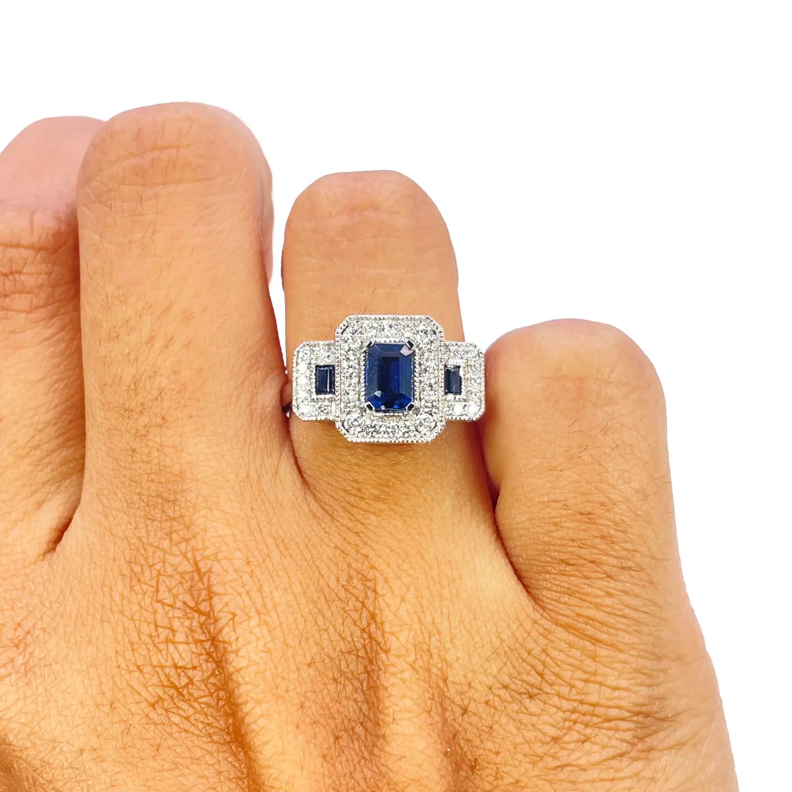 18ct Gold Emerald Cut Sapphire Triple Halo Round Diamond Art Deco Ring 1.14ct  Diamond Ring