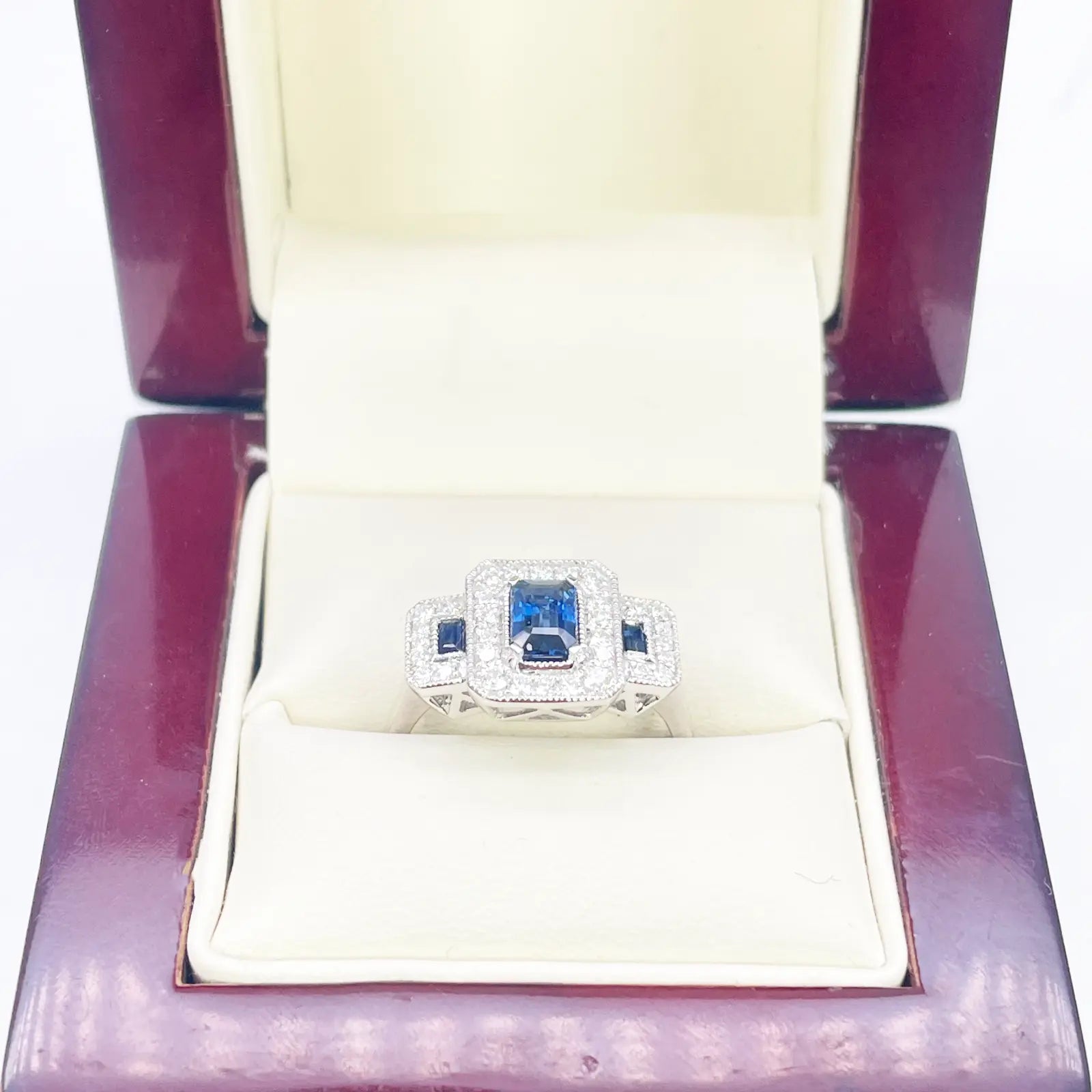 18ct Gold Emerald Cut Sapphire Triple Halo Round Diamond Art Deco Ring 1.14ct  Diamond Ring