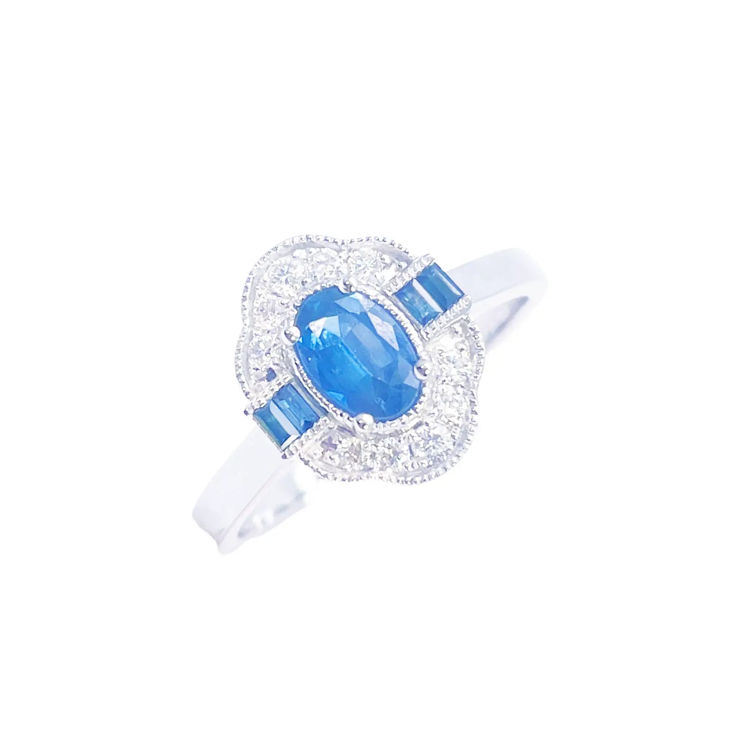 18ct Gold Natural Sapphire Diamond Halo Ring Round, Baguette & Oval Cut 0.70ct  Diamond Ring