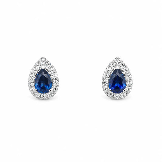 18ct White Gold Double Row Halo Diamond & Blue Sapphire Pear Shape Earring 0.46  Diamond earring