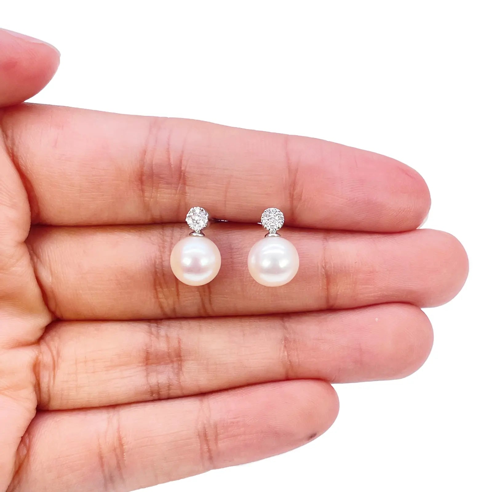 18ct White Gold Freshwater Pearl & Diamond Drop Pair Earrings 0.08ct 