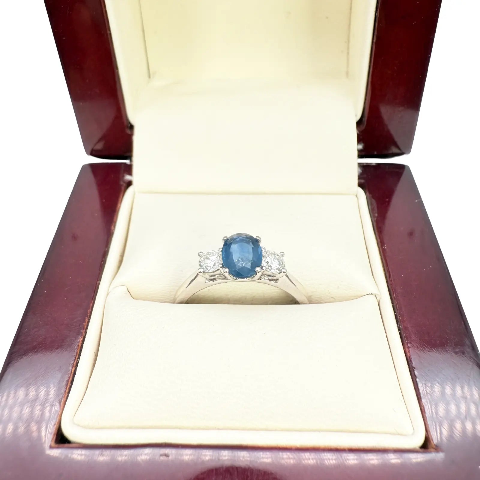 18ct White Gold Natural Oval Blue Sapphire & Round Diamond Trilogy Ring 1.00ct  Diamond Ring