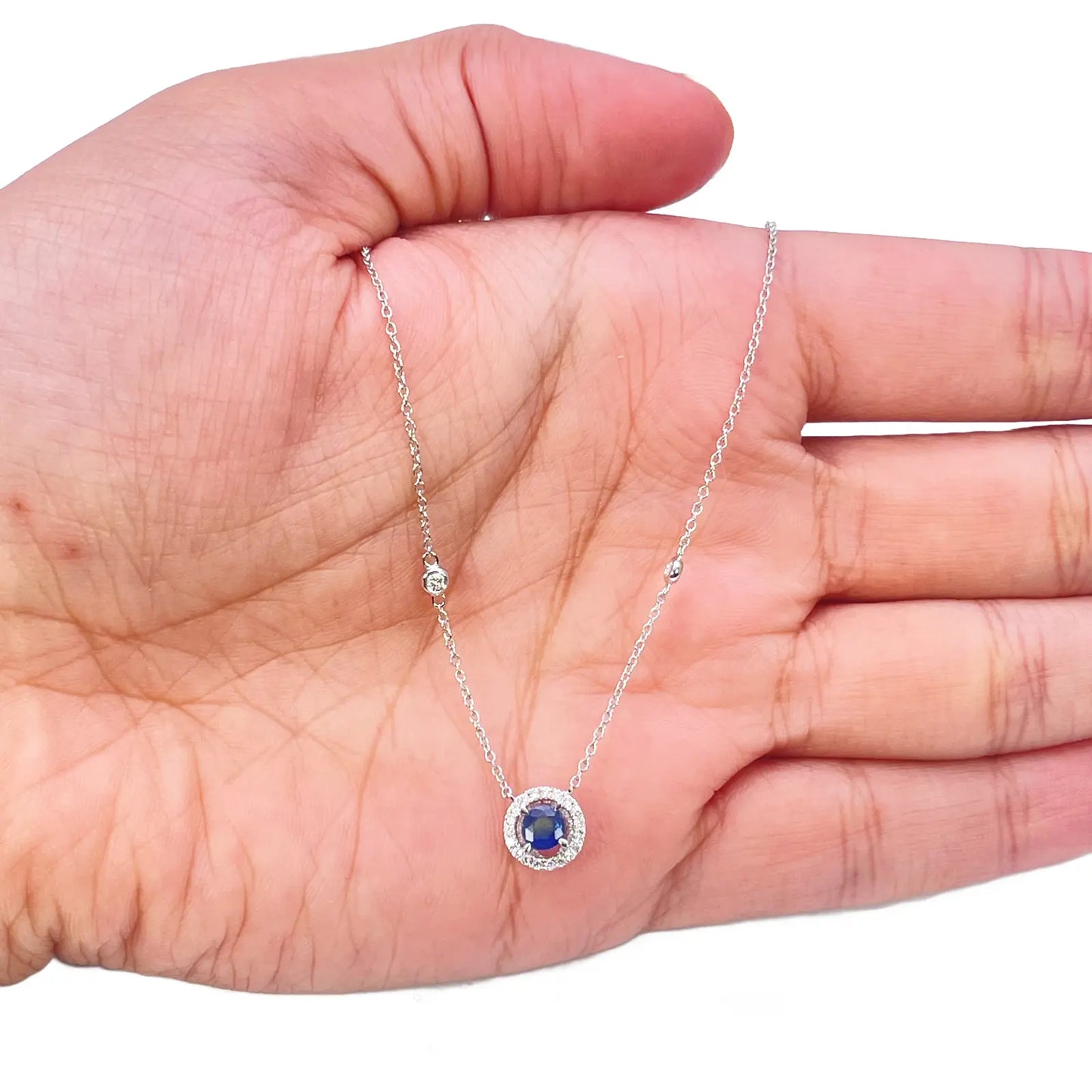 18ct White Gold Natural Round Diamond & Sapphire Halo Necklace 0.45ct 