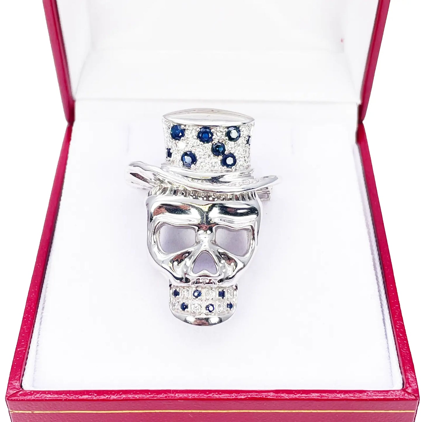 18ct White Gold Natural Round Sapphire & Diamond Skull Brooch Pin 1.45ct  Diamond Ring
