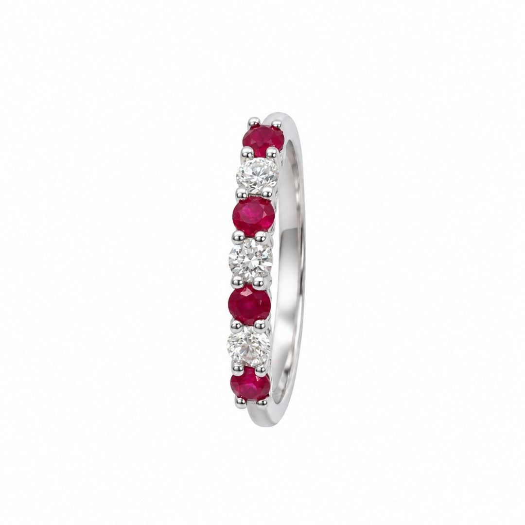 18ct White Gold Natural Ruby & Diamond 7 Stone Half Eternity Ring Band 0.50ct
