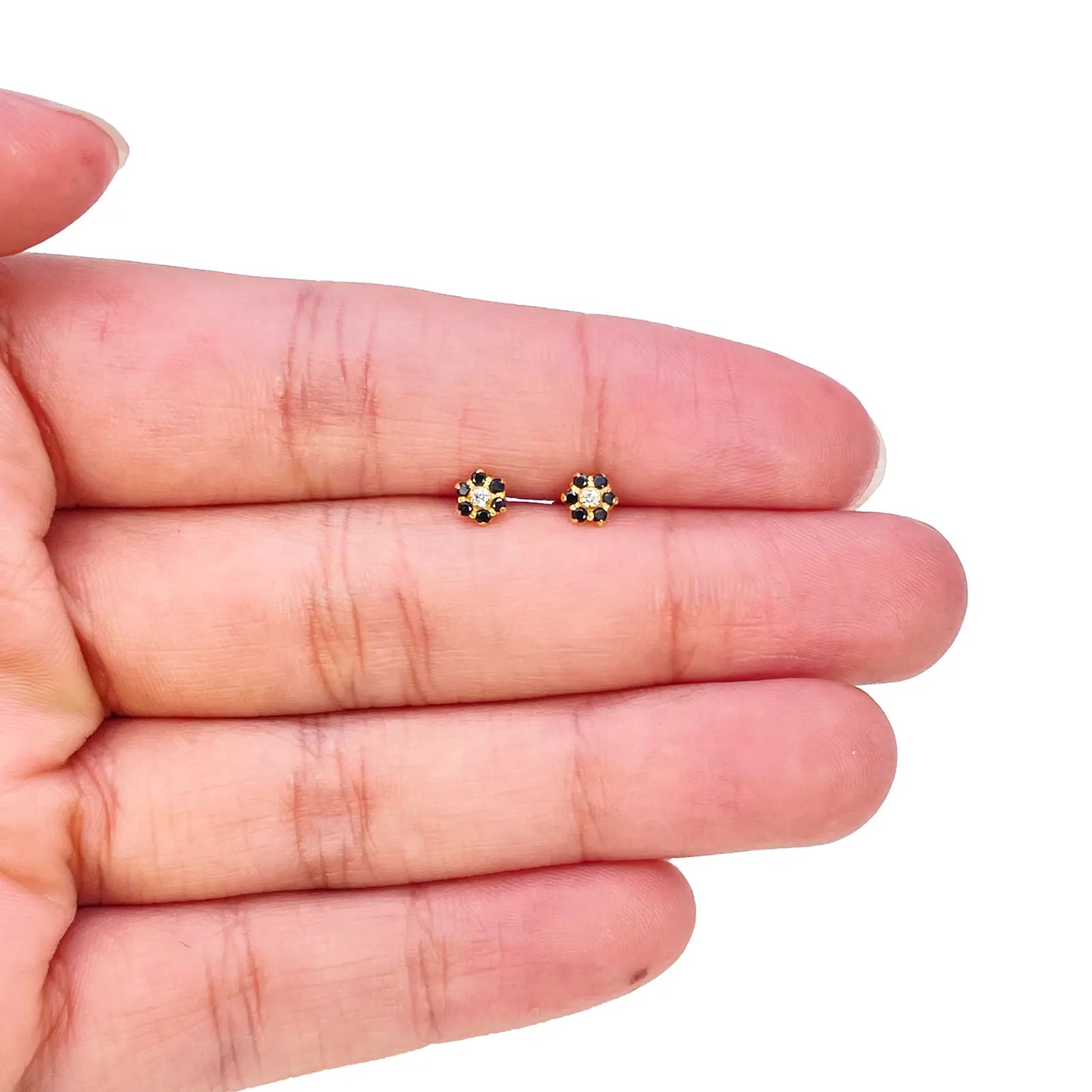 22ct Gold Children's Black Cubic Zirconia Floral Mini Stud Earrings 4mm 