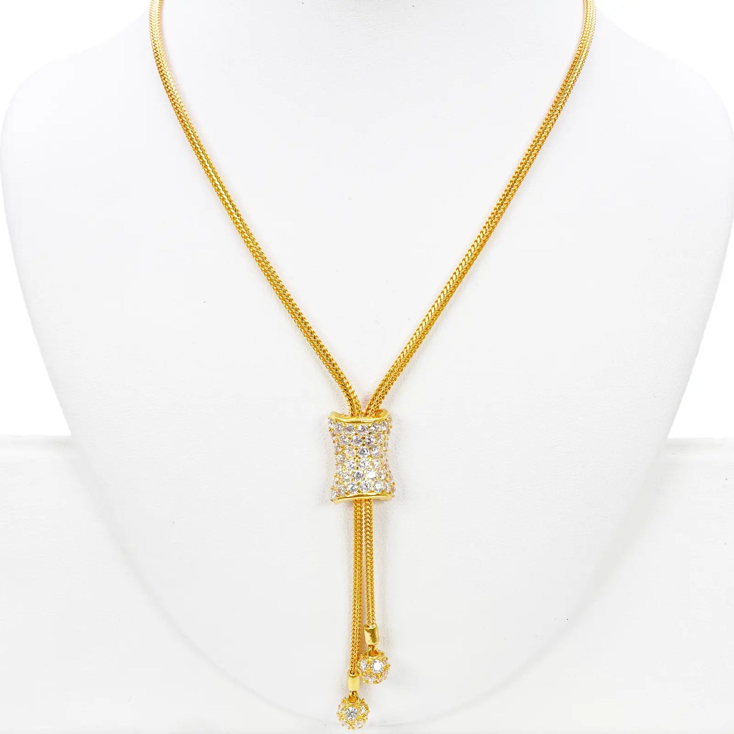 22ct Gold Cubic Zirconia Y-Drop Necklace Lariat Dragon Foxtail Tassel Chain 16.5 Inches 