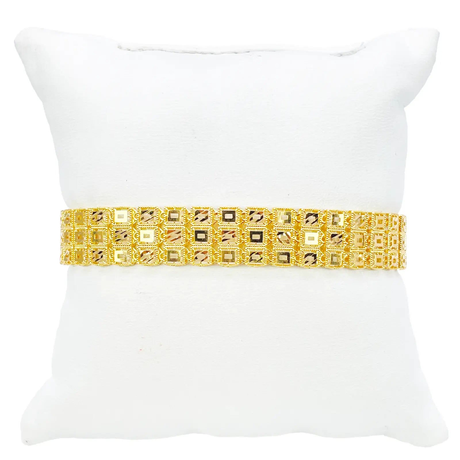 22ct Gold Milgrain Bracelet Three Row Diamond Cut Square 7.5 Inches 11.6mm Width 