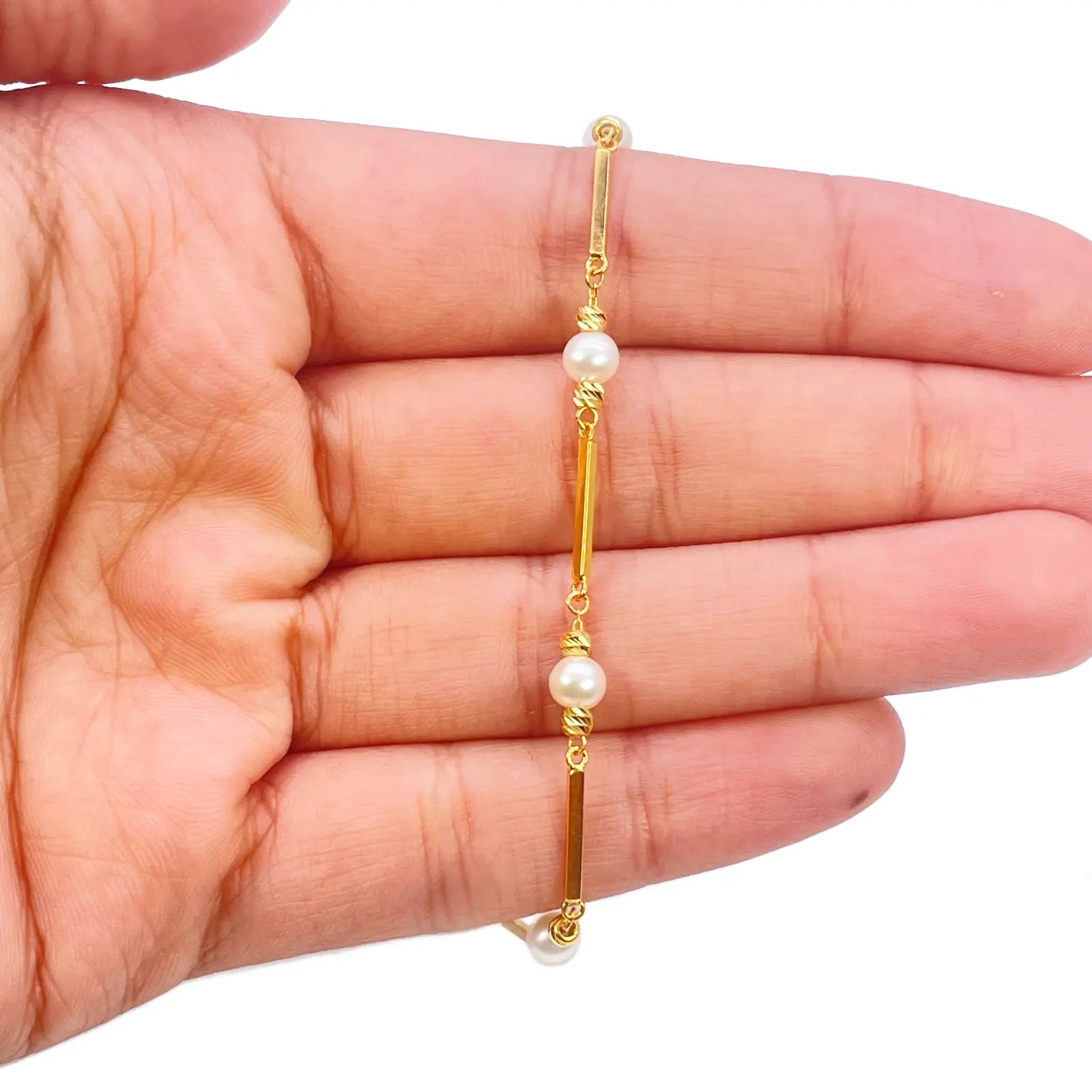 22ct Gold Pearl Bracelet Bar Link Seven Freshwater Pearls 7 Inches 