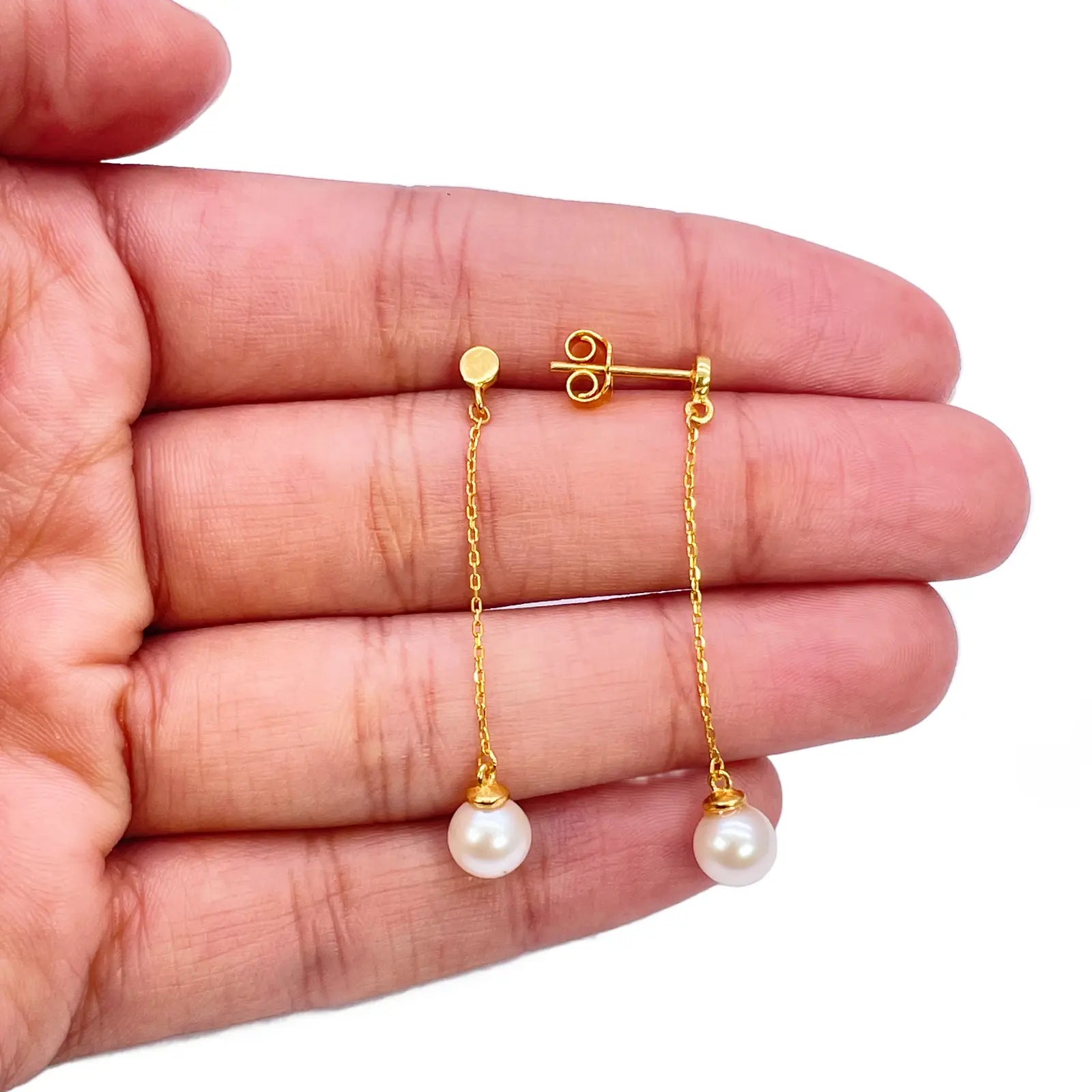 22ct Gold Pearl Drop Earrings Elegant Cable Chain Link Freshwater Pearl 1.5 Inch 