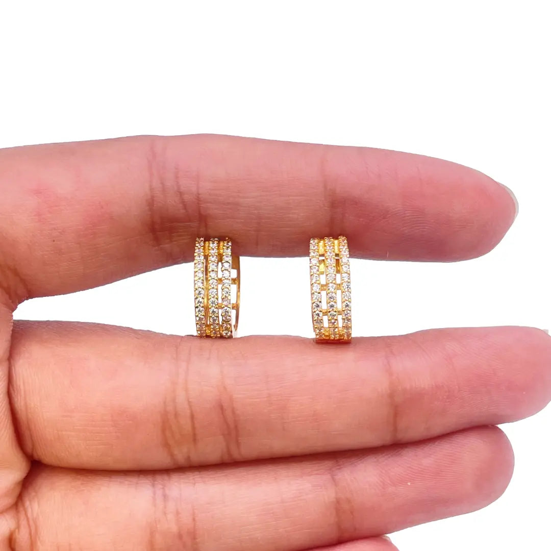 22ct Yellow Gold Cubic Zirconia Cluster Three Row Hoop Huggie Earrings 