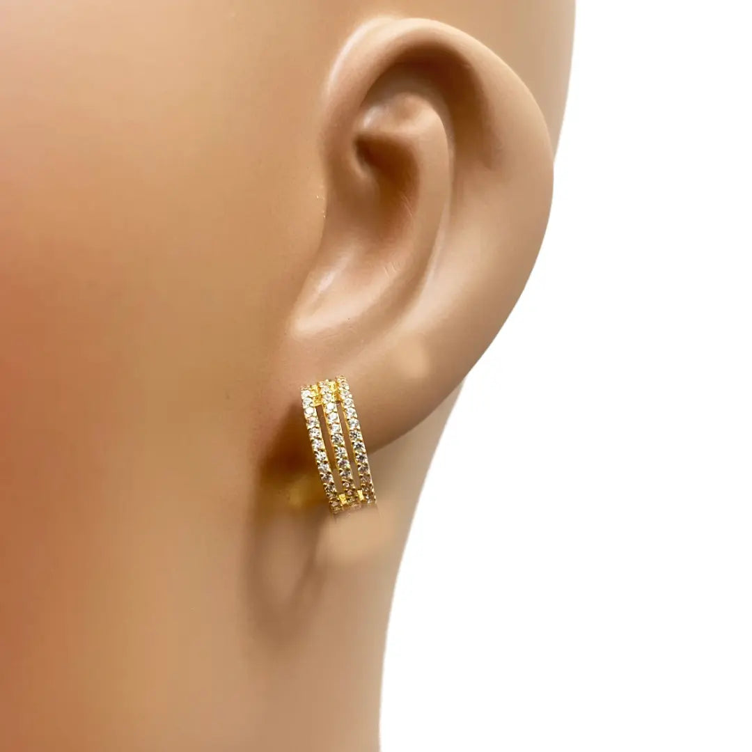 22ct Yellow Gold Cubic Zirconia Cluster Three Row Hoop Huggie Earrings 