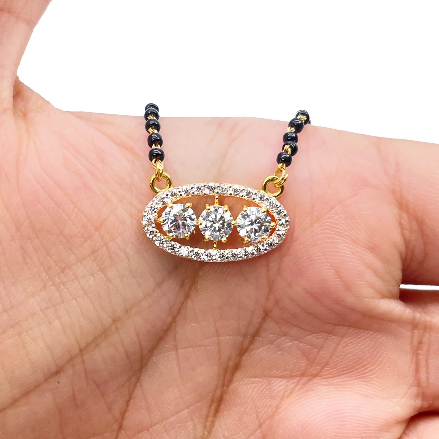 22ct Yellow Gold Cubic Zirconia Three Stone Halo Mangalsutra Necklace 19''inches  Mangalsutra Chains
