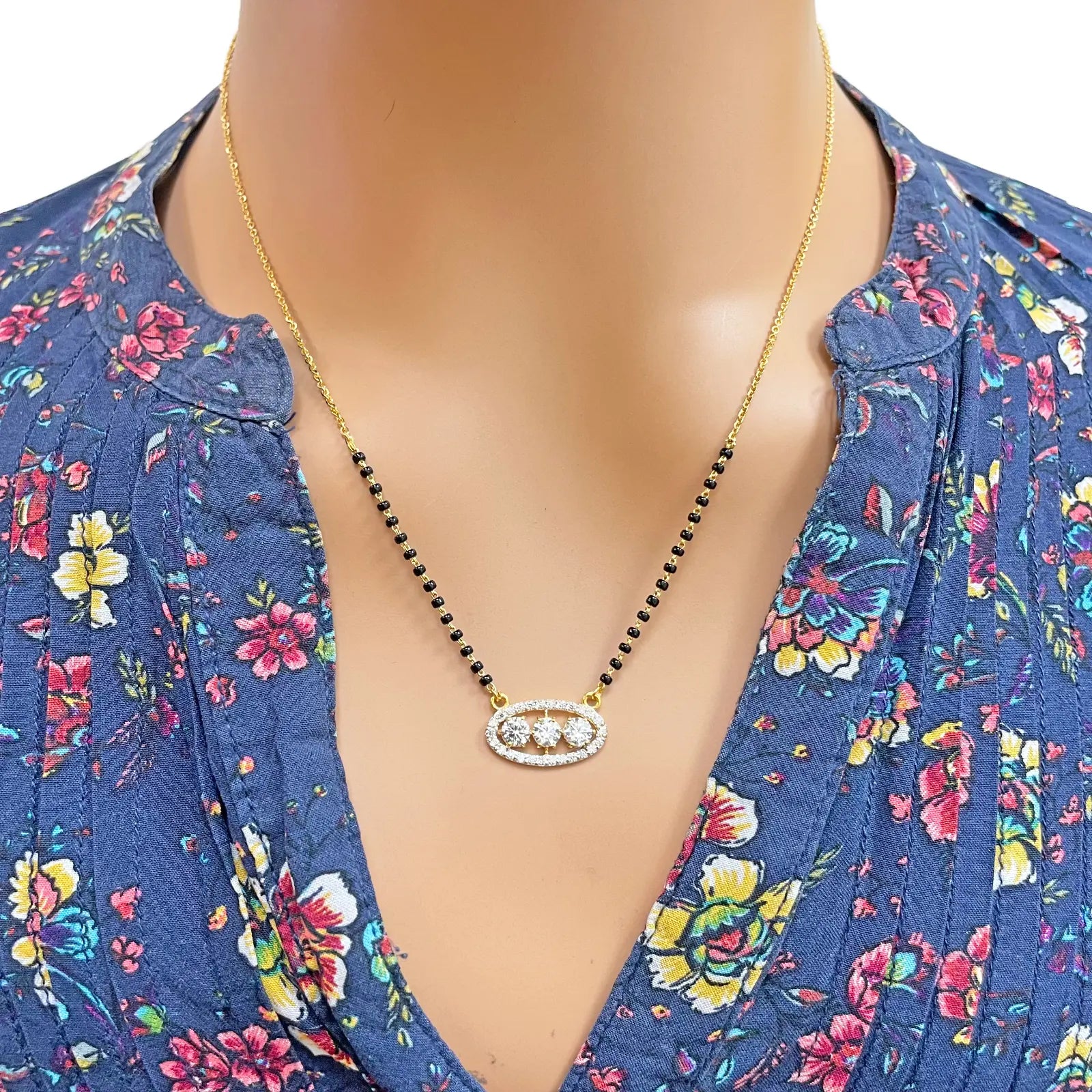 22ct Yellow Gold Cubic Zirconia Three Stone Halo Mangalsutra Necklace 19''inches  Mangalsutra Chains