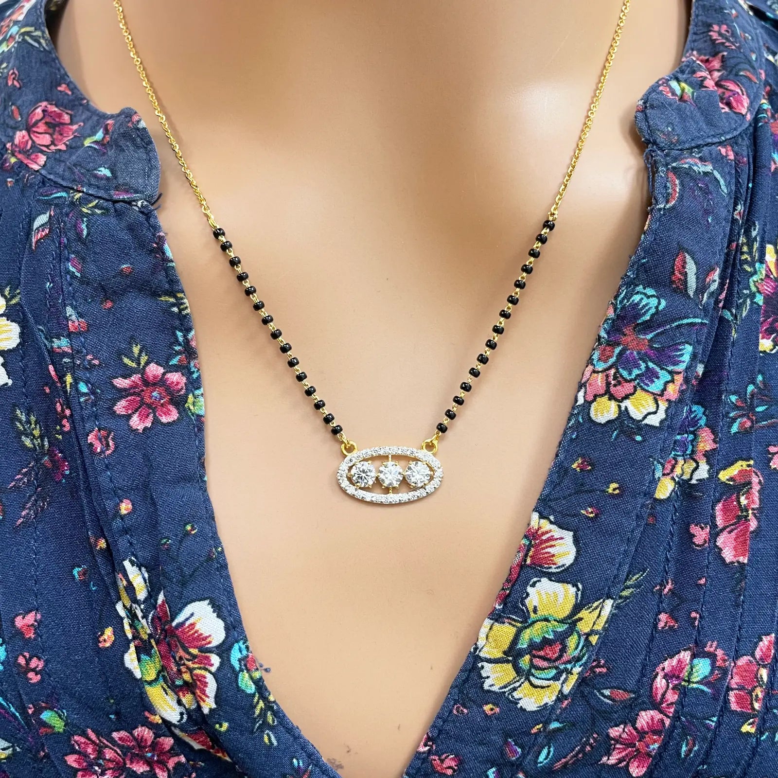 22ct Yellow Gold Cubic Zirconia Three Stone Halo Mangalsutra Necklace 19''inches  Mangalsutra Chains
