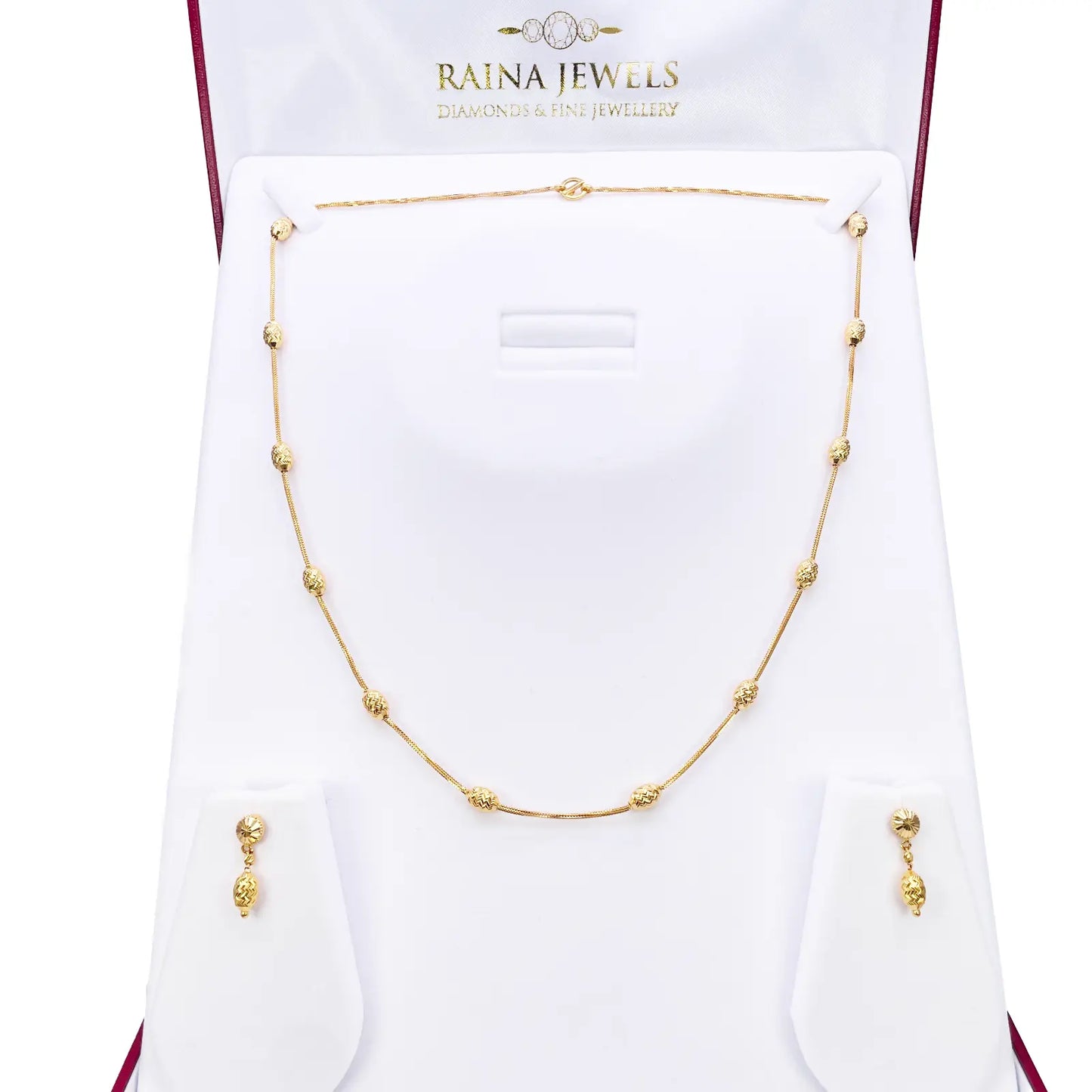 22ct Yellow Gold Diamond Cut Beaded Slip-On Necklace & Matching Drop Earrings 
