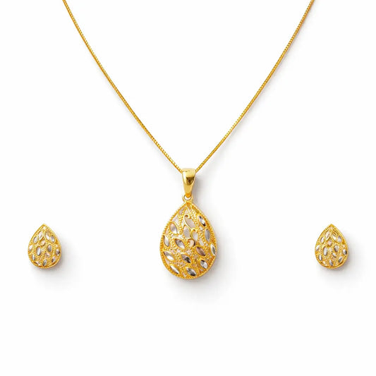 22ct Yellow Gold Diamond Cut Design 2 Tone Earrings, Pendant & Chain Necklace  Gold Necklace
