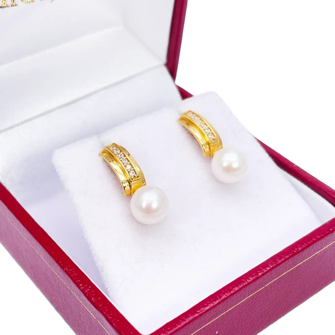 22ct Yellow Gold Freshwater Pearls Drop Stud Earrings 15.5mm Length 