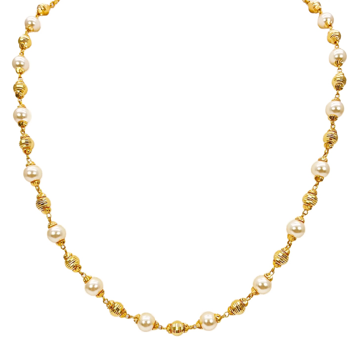 22ct Yellow Gold Pearls & Beaded Diamond Cut Ball Necklace/Earrings Set 