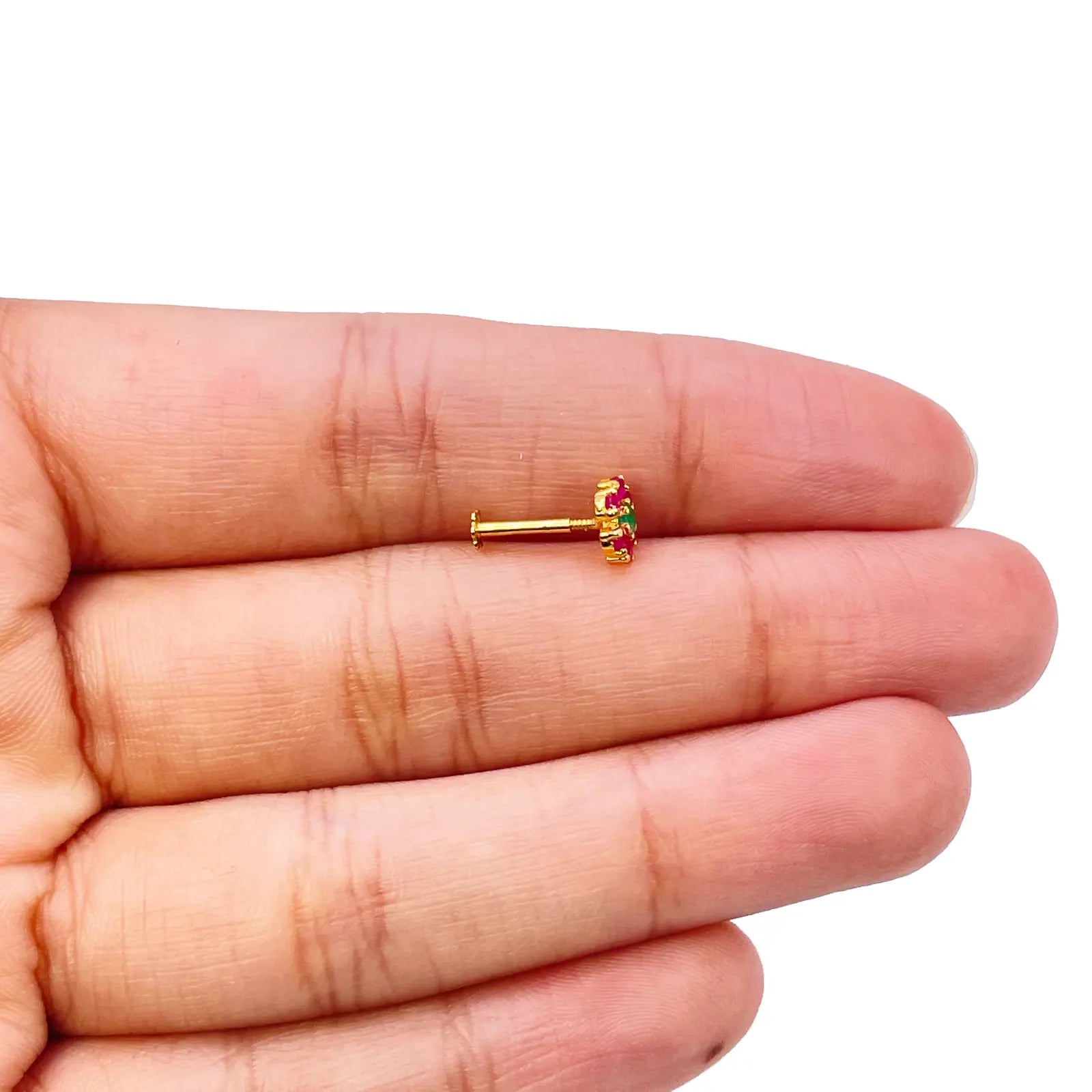 22ct Yellow Gold Red & Green Flower Shaped Gemstone Nose Pin/Stud 6mm Width 