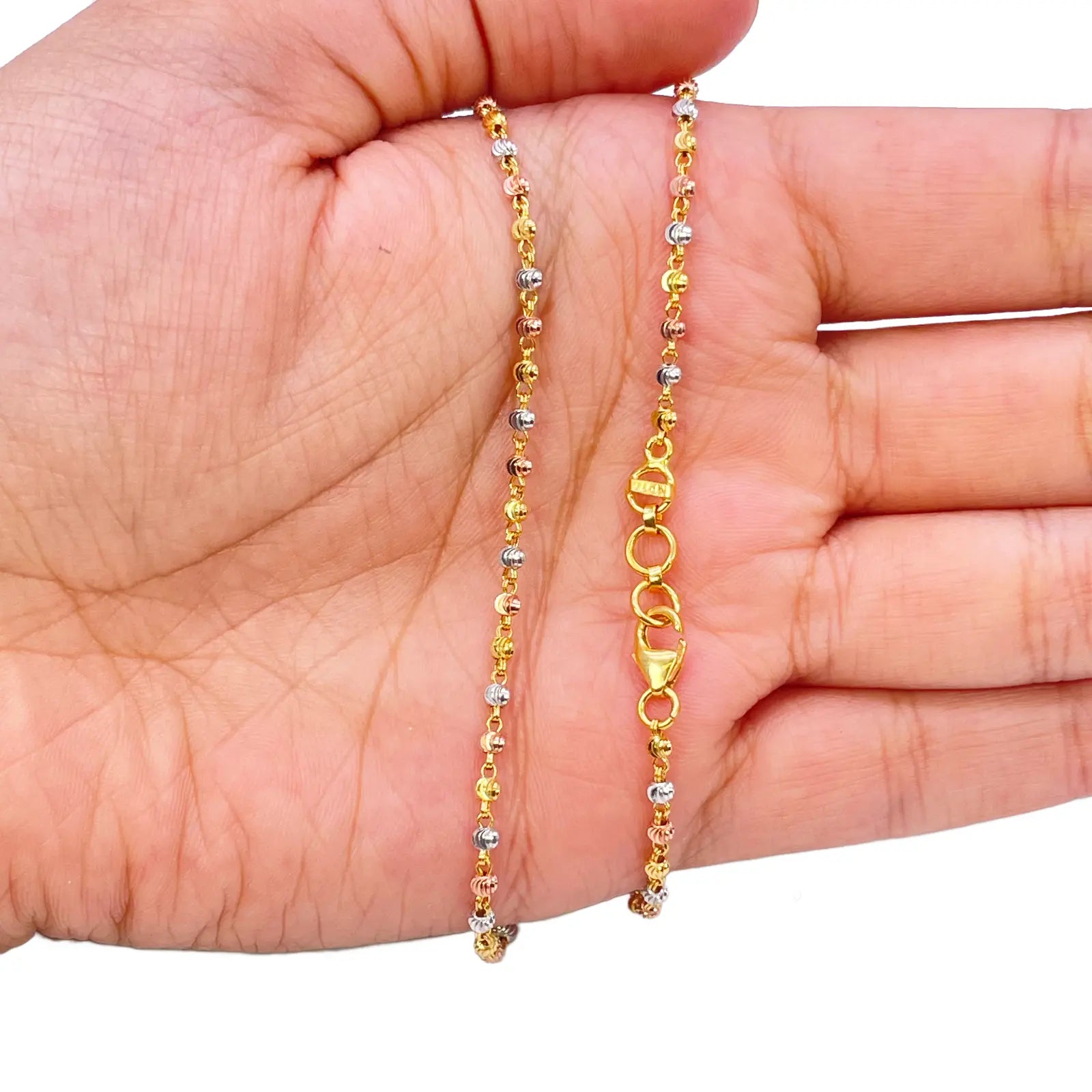 22ct Yellow Gold Tri-Colour Diamond Cut Ball Beaded Necklace 18 Inches 2.3 Width 