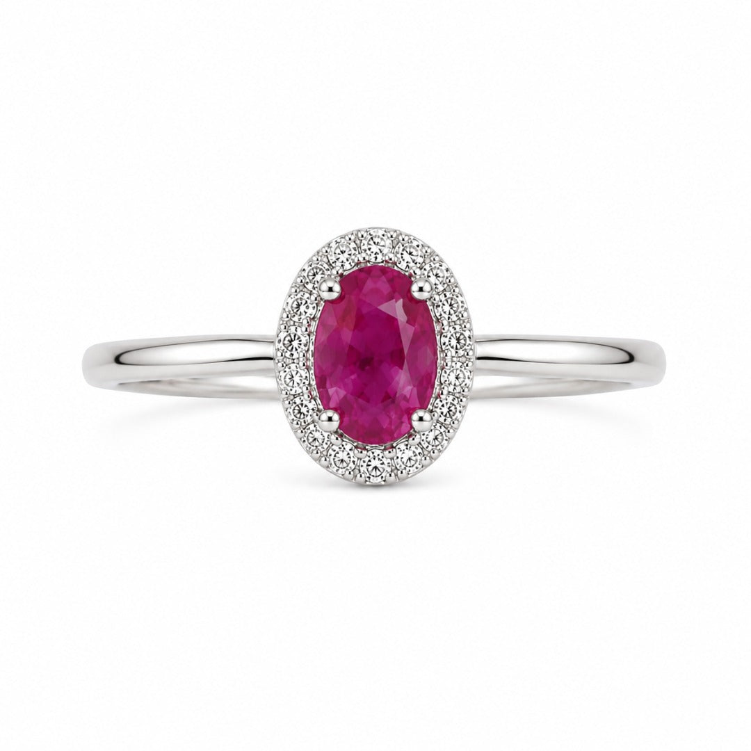 9ct White Gold Ruby & Diamond Oval Halo Cluster Ring 0.62ct